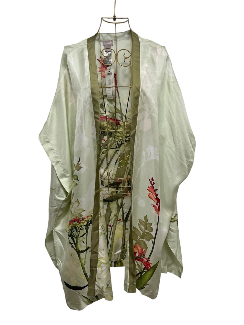 Chico's NWT Botanical 100% Silk Ruana Covering Bonsai wrap kimono duster S/M
